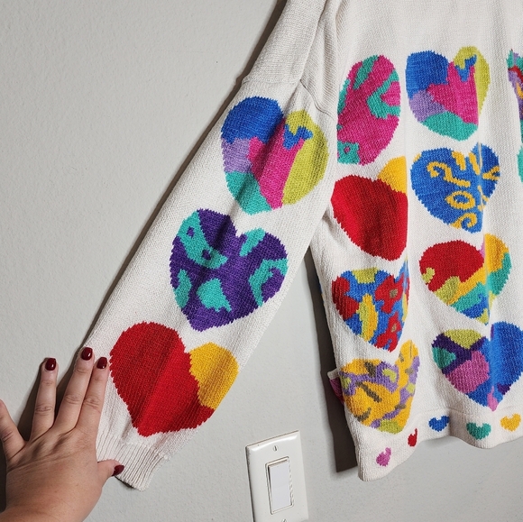 Vintage Christine Foley Heart Multi White knit button cardigan size 1 medium - Picture 11 of 16